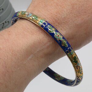 Vintage Floral Cloisonne Enamel Gold Tone Bangle Bracelet